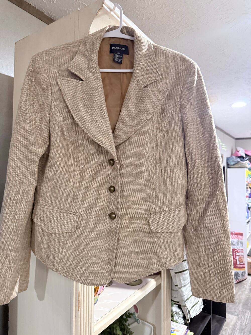 Focus 2000 Women’s Size 10 Beige Gold Sparkle Wool Blend Blazer Y2K Vintage